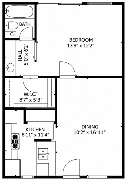 Floor plan — 1 bedroom, 1 bath, 606 sq ft