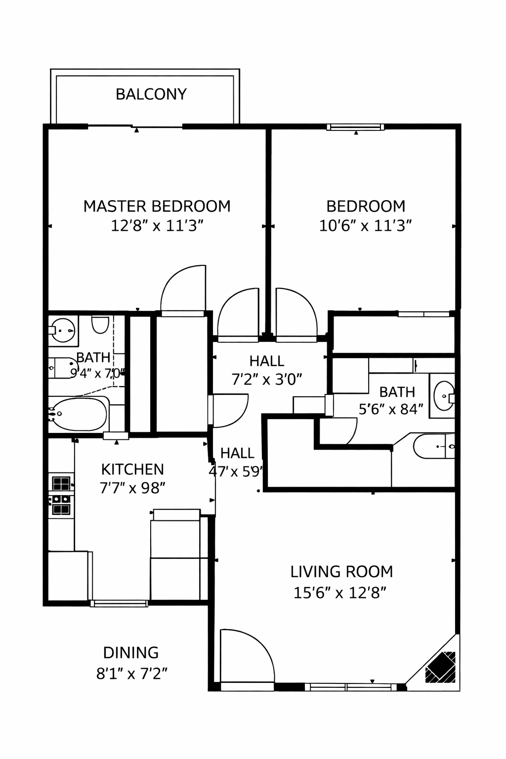 Floor plan — 2 bedroom, 2 bath, 882 sq ft