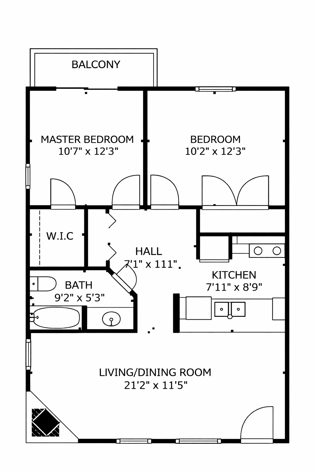 Floor plan — 2 bedroom, 1 bath, 792 sq ft